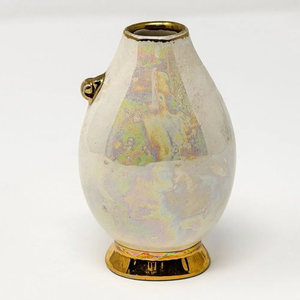 Signed 1972 Studio Pottery 4.5” Lusterware Vase Birds Relief Gold Trim